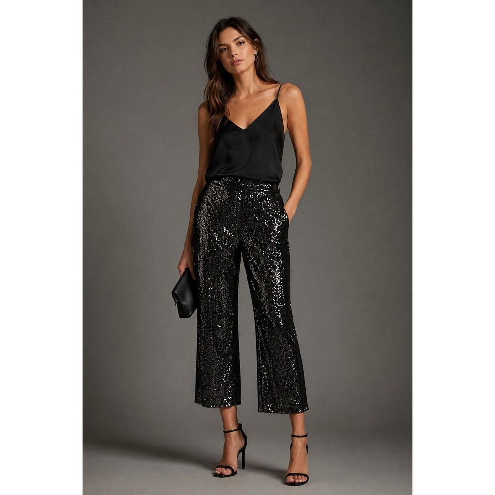 Express Womens Black Sequin Wide-Leg High Rise Palazzo Ankle Pants Sz Small